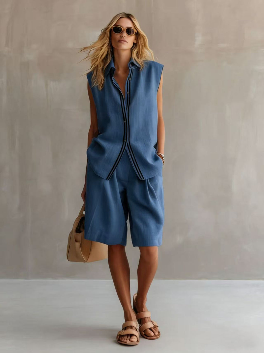 Single-breasted Sleeveless Linen Shirt And Shorts Set