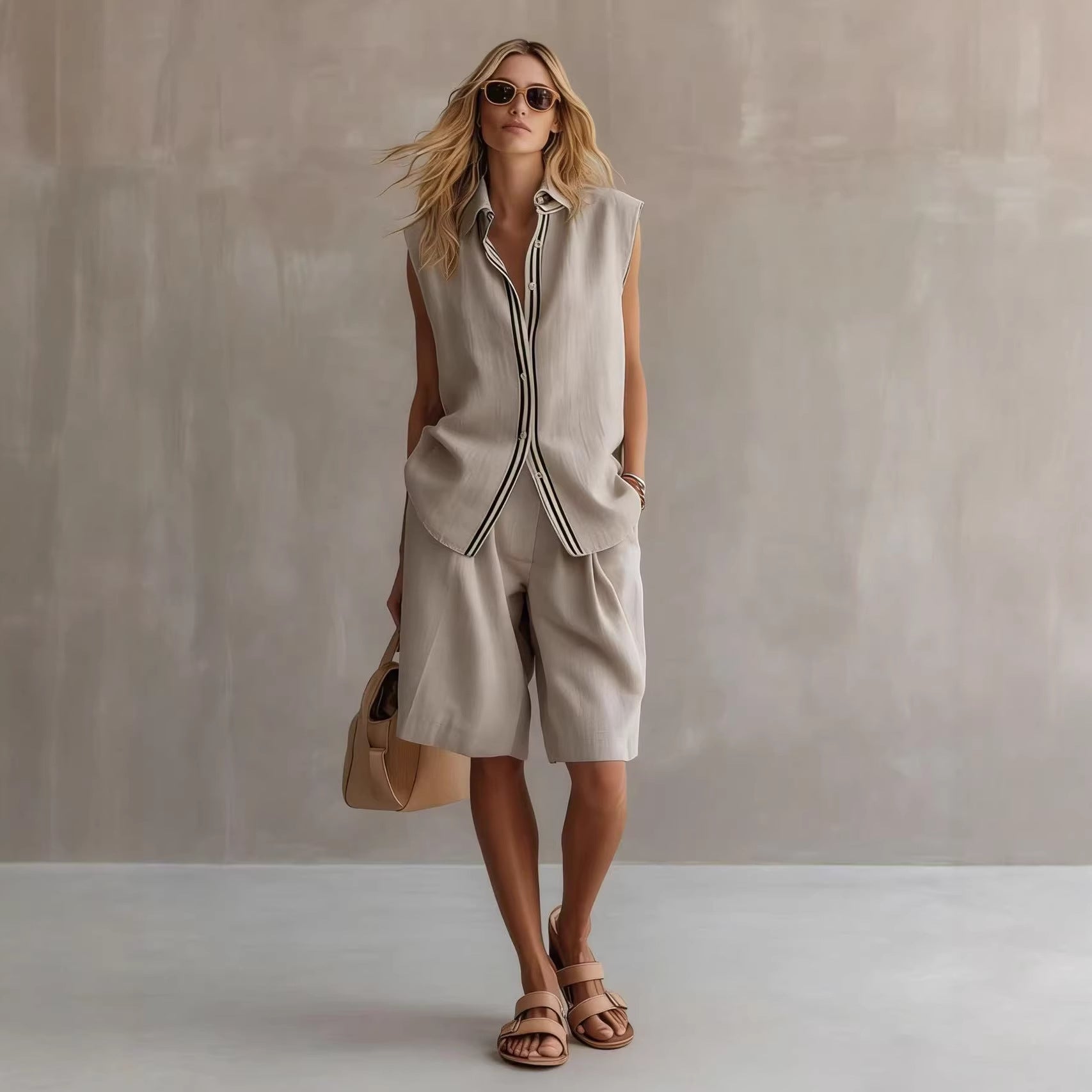 Single-breasted Sleeveless Linen Shirt And Shorts Set