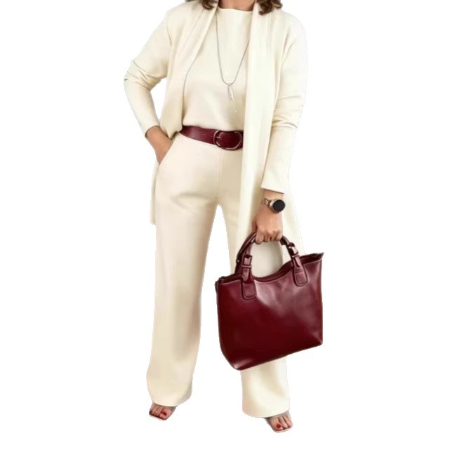 Womens 3-Piece Solid-Color Crew-Neck Long-Sleeve Top Set