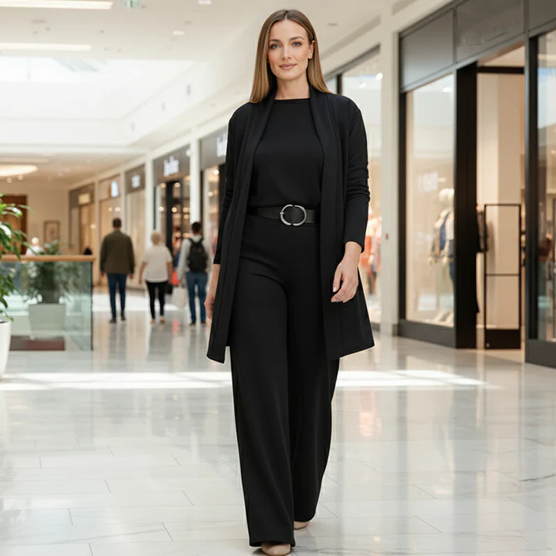 Womens 3-Piece Solid-Color Crew-Neck Long-Sleeve Top Set