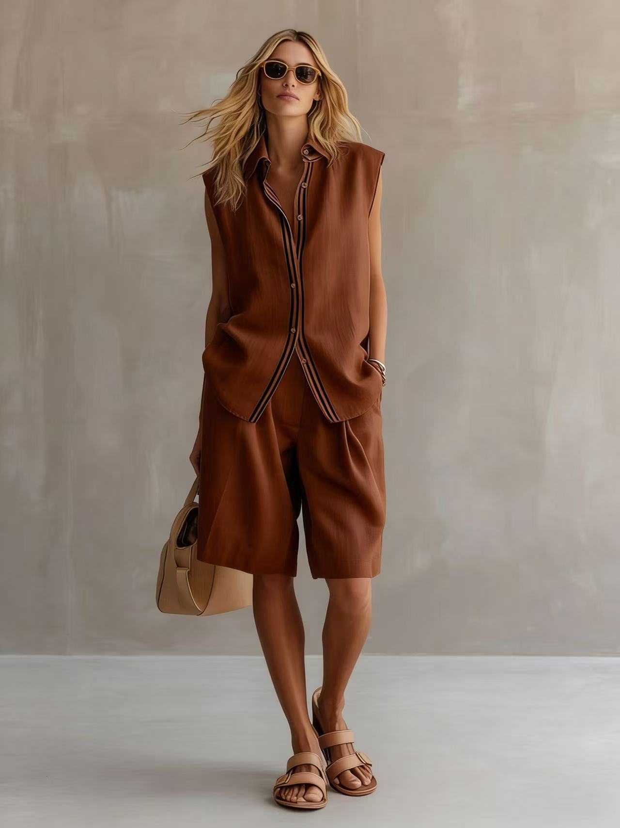 Single-breasted Sleeveless Linen Shirt And Shorts Set