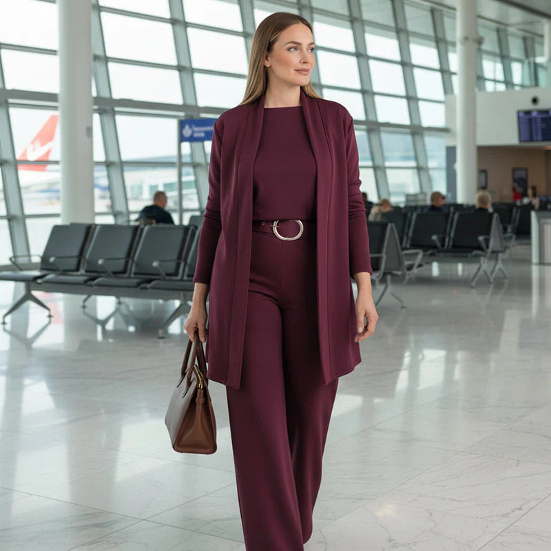 Womens 3-Piece Solid-Color Crew-Neck Long-Sleeve Top Set